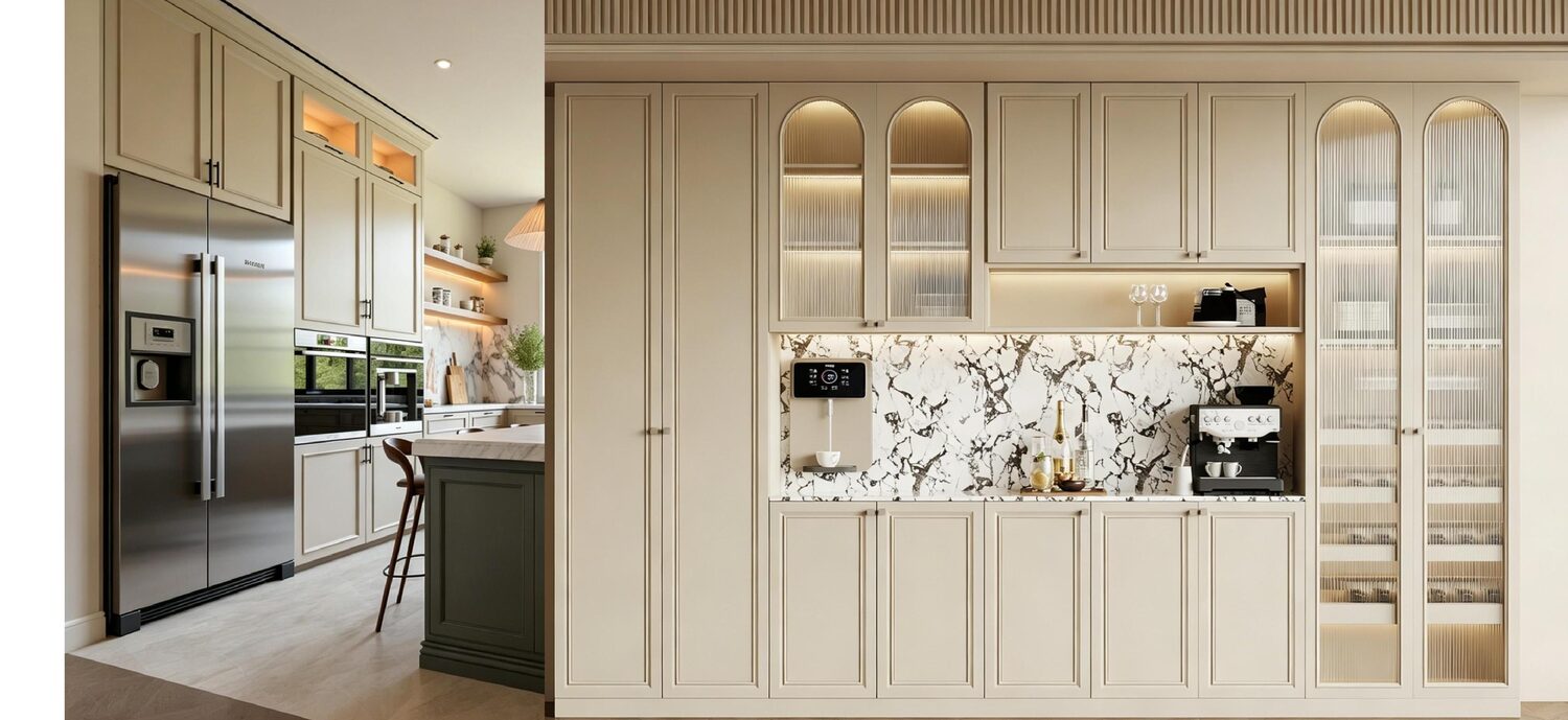 Cream glass-front kitchen
